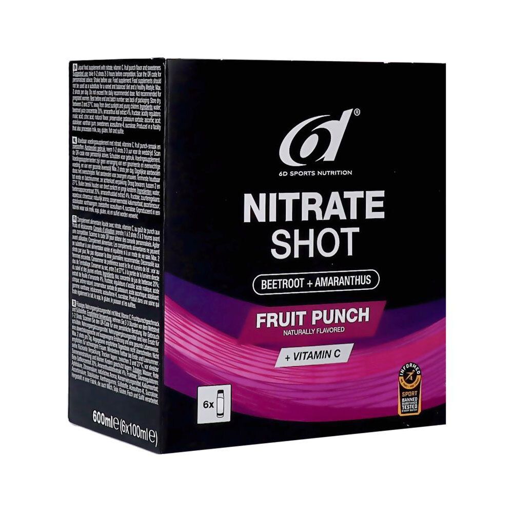 Achterkant van de 6d Nitrate Shot doos. Tekst met ingrediënten en gebruiksaanwijzing. 600ml (6x100ml).