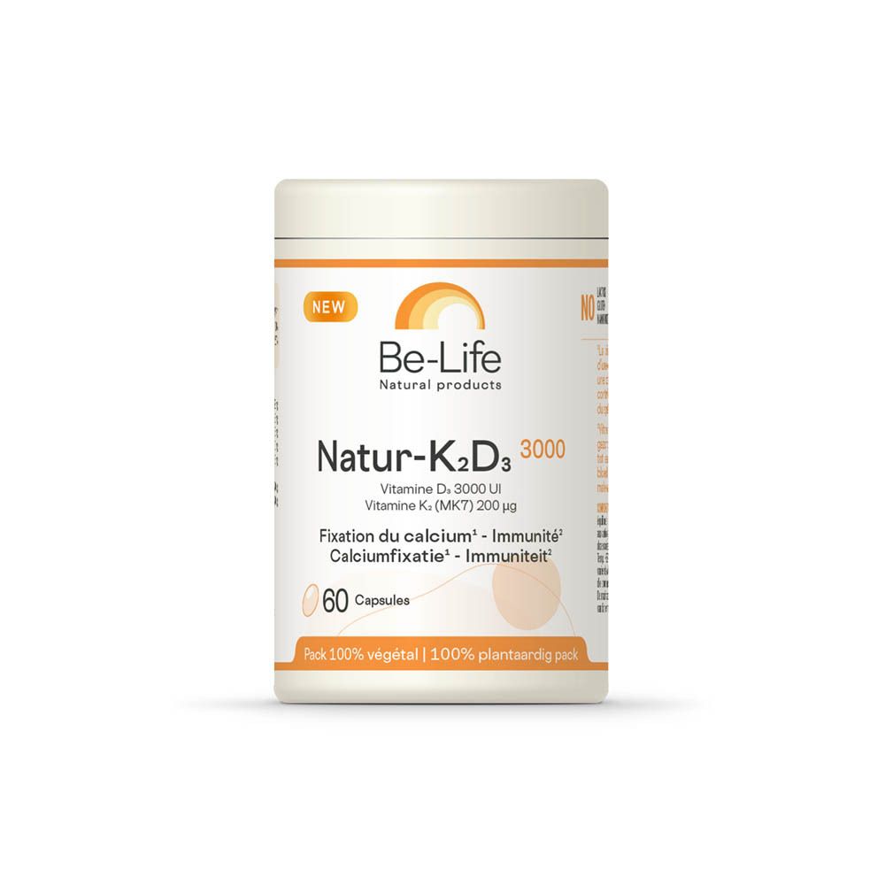 Be-Life Natur K2D3 3000. Pot met 60 capsules. Opschrift: Vitamine D3, Vitamine K2. Verpakking van plantaardig materiaal.
