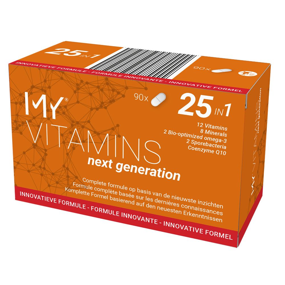 Oranje verpakking "MY VITAMINS next generation", 25-in-1 formule met 12 vitaminen.