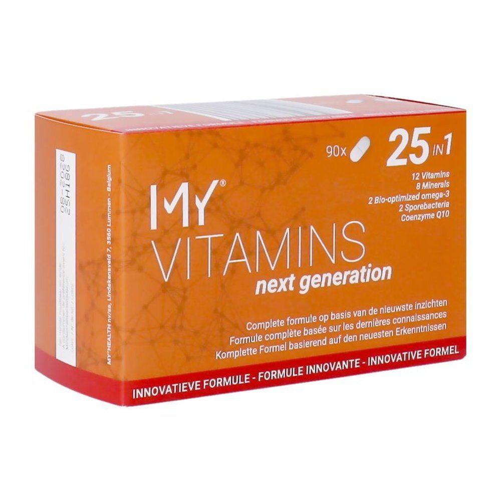 Oranje verpakking "MY VITAMINS next generation", 25-in-1 formule, 8 mineralen.