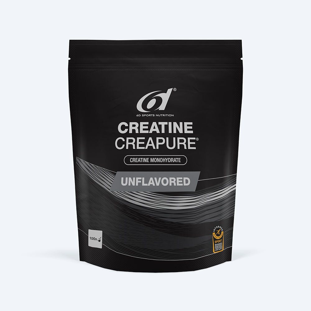 Zwarte zak van 6d Sport Nutrition Creatine Creapure®. Opschrift: Creatine Monohydrate, Unflavored. Zegel.