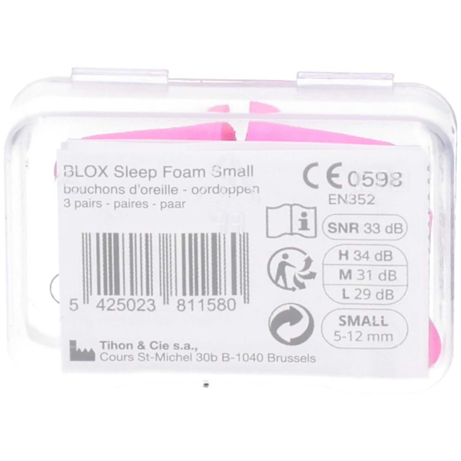 Achterkant van de verpakking met productinformatie. Tekst: "BLOX Sleep Foam Small", CE-markering, SNR 33 dB.