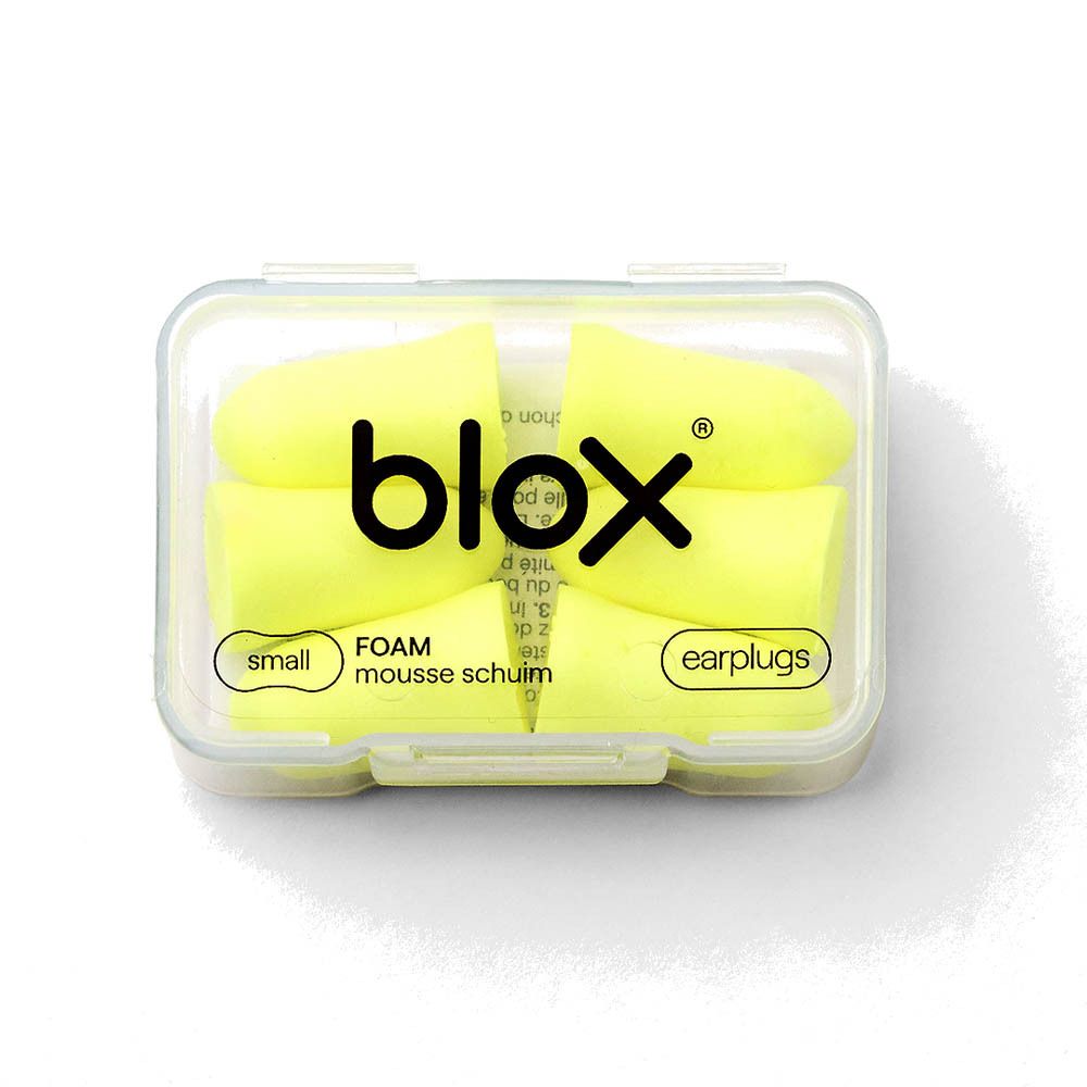 Blox schuimrubber oordopjes, klein, geel, in een doorzichtige opbergdoos.
