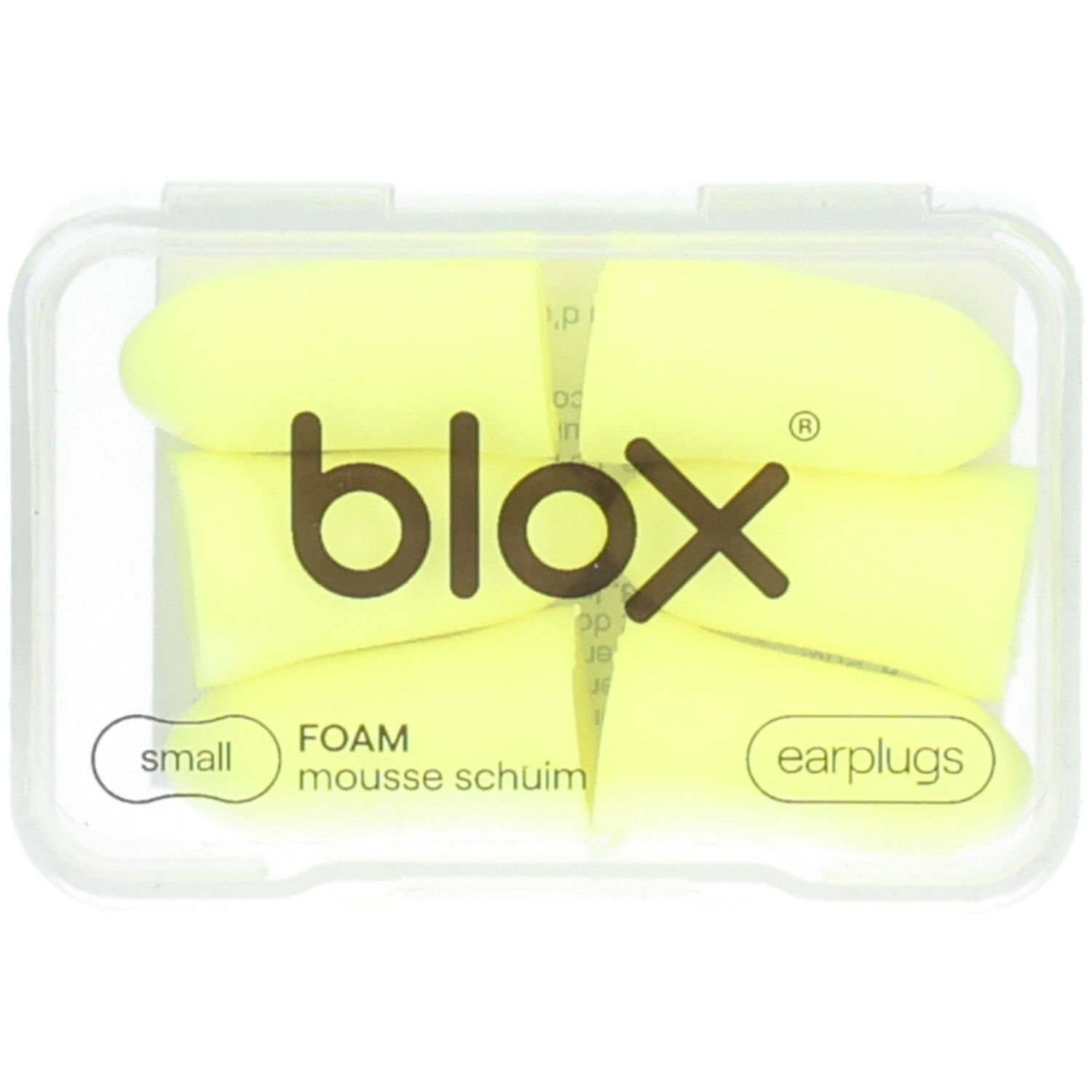 Bouchons d'oreille jaunes dans une boîte transparente. Inscriptions : blox, small, FOAM, mousse schuim, earplugs.