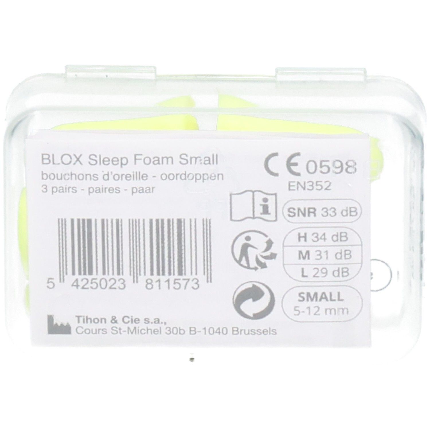 Dos de l'emballage avec bouchons d'oreille jaunes. Texte : BLOX Sleep Foam Small, marquage CE, SNR 33 dB, taille 5-12 mm.