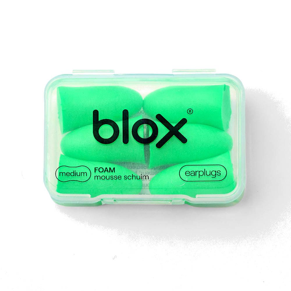 Blox schuim oordopjes, medium maat, in een doorzichtige houder.