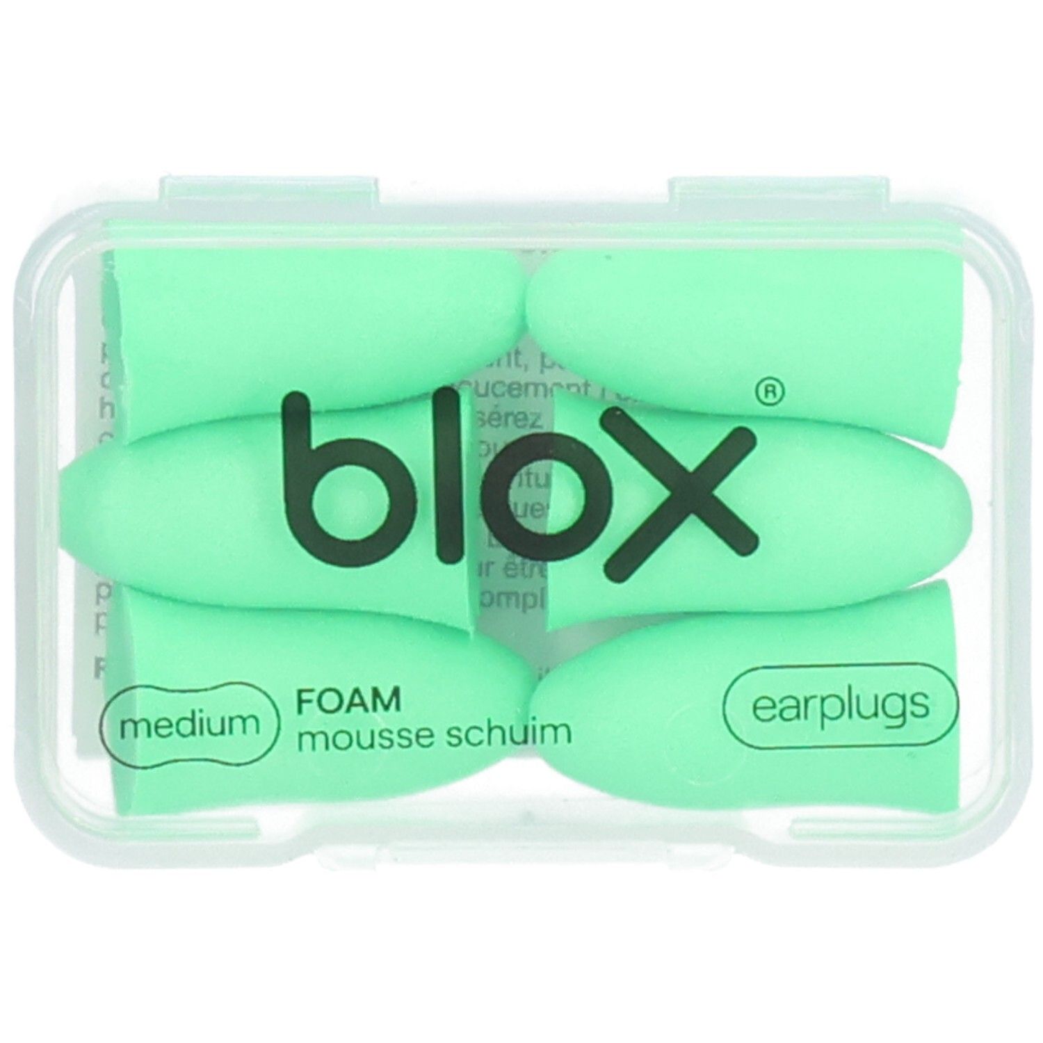 Groene oordopjes in een transparante doos. Op de doos staat "blox" en "earplugs". De oordopjes zijn van schuim.