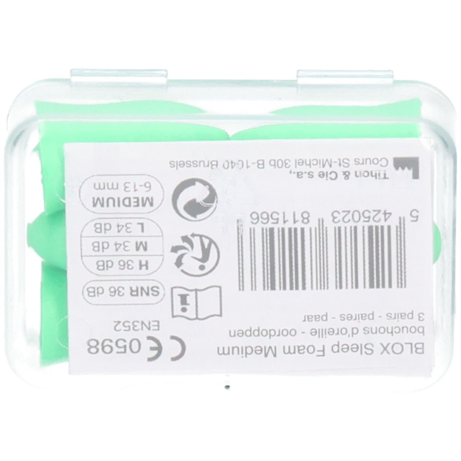 Groene oordopjes in een transparante doos. Op de verpakking staat "BLOX Sleep Foam Medium" en een barcode.