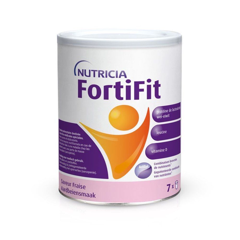 Boîte de poudre FortiFit. Contient protéines, leucine et vitamine D. Goût fraise. Boîte de 7 portions.