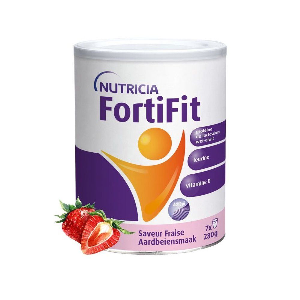 FortiFit poeder. Bevat eiwitten, leucine en vitamine D. Smaak: Aardbei. Bus met 7 porties.