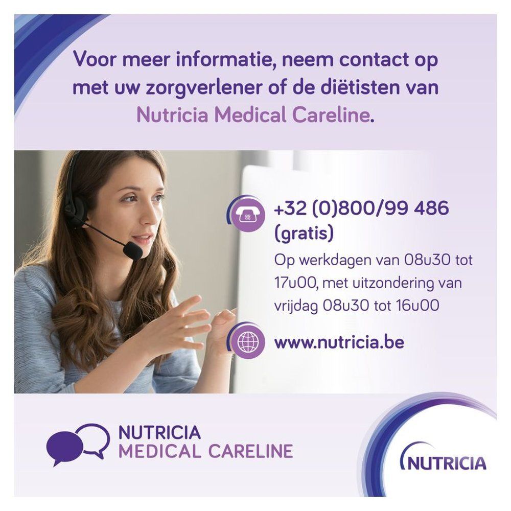 Vrouw met headset spreekt. Tekst: Neem contact op met uw arts of de diëtisten van Nutricia Medical Careline.
