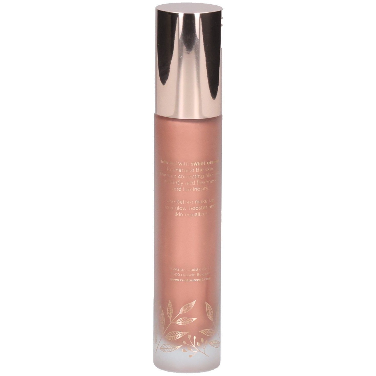 Flacon Primer Illuminating Cent Pur Cent avec texte au dos et capuchon rosé.
