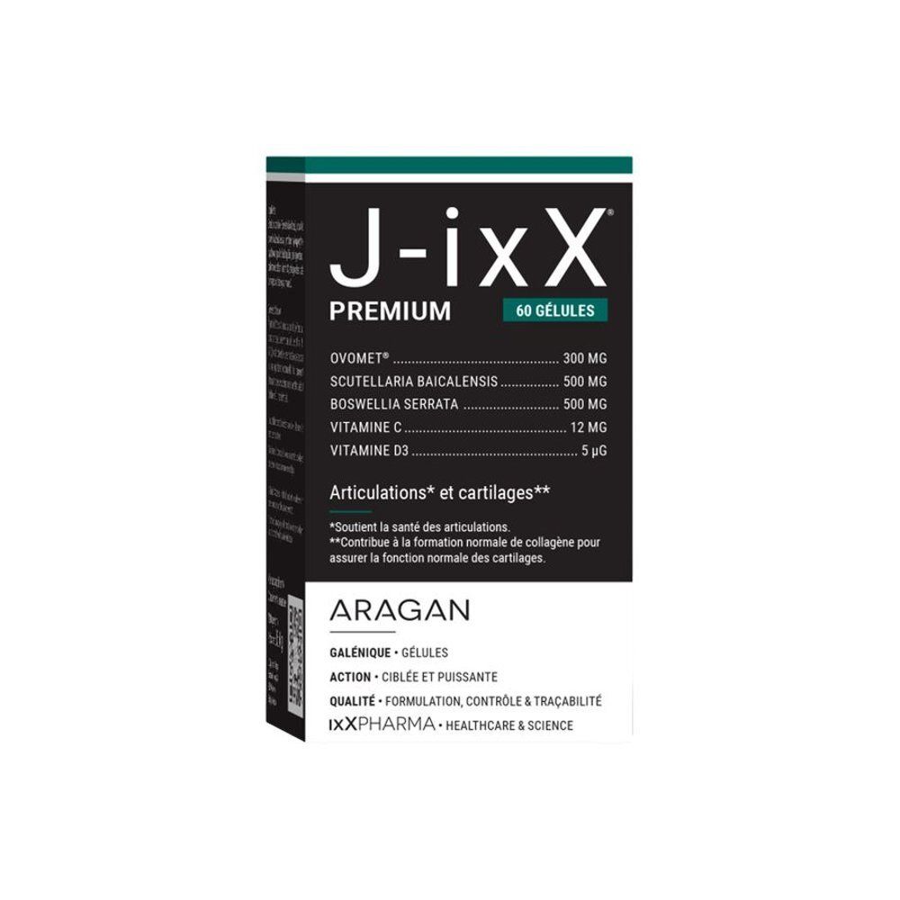 Emballage du produit. Inscription : J-ixx Premium, 60 gélules. Texte : Articulations et cartilages. Ingrédients. Marque : Aragan.