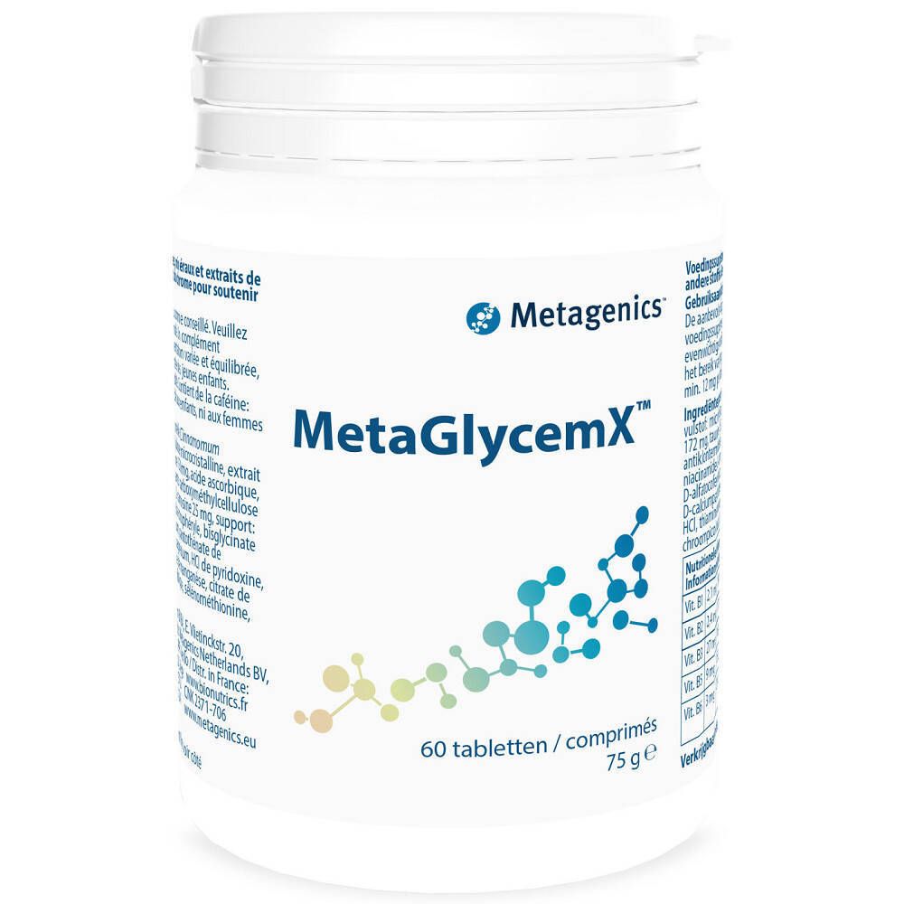 Flacon blanc de MetaGlycemX, 60 comprimés, avec logo Metagenics. Fermeture de sécurité sur le couvercle.