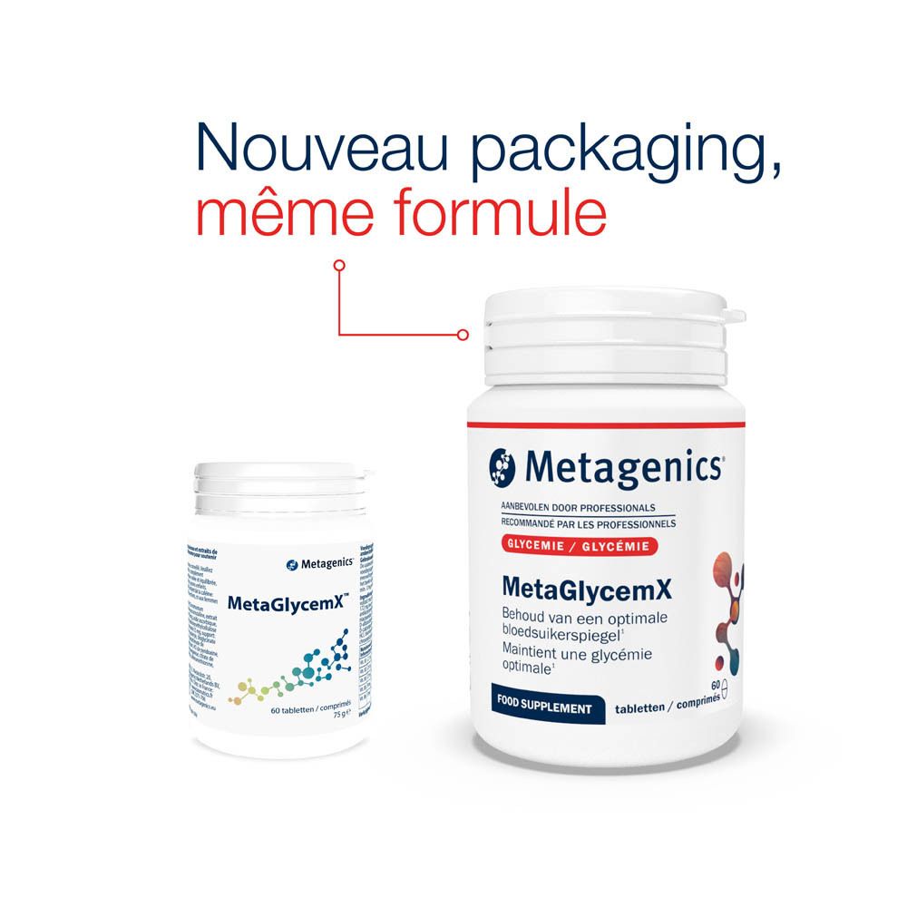 Femme aux yeux fermés. Fleurs sur la poitrine. Texte: Science you can feel. Logo Metagenics.