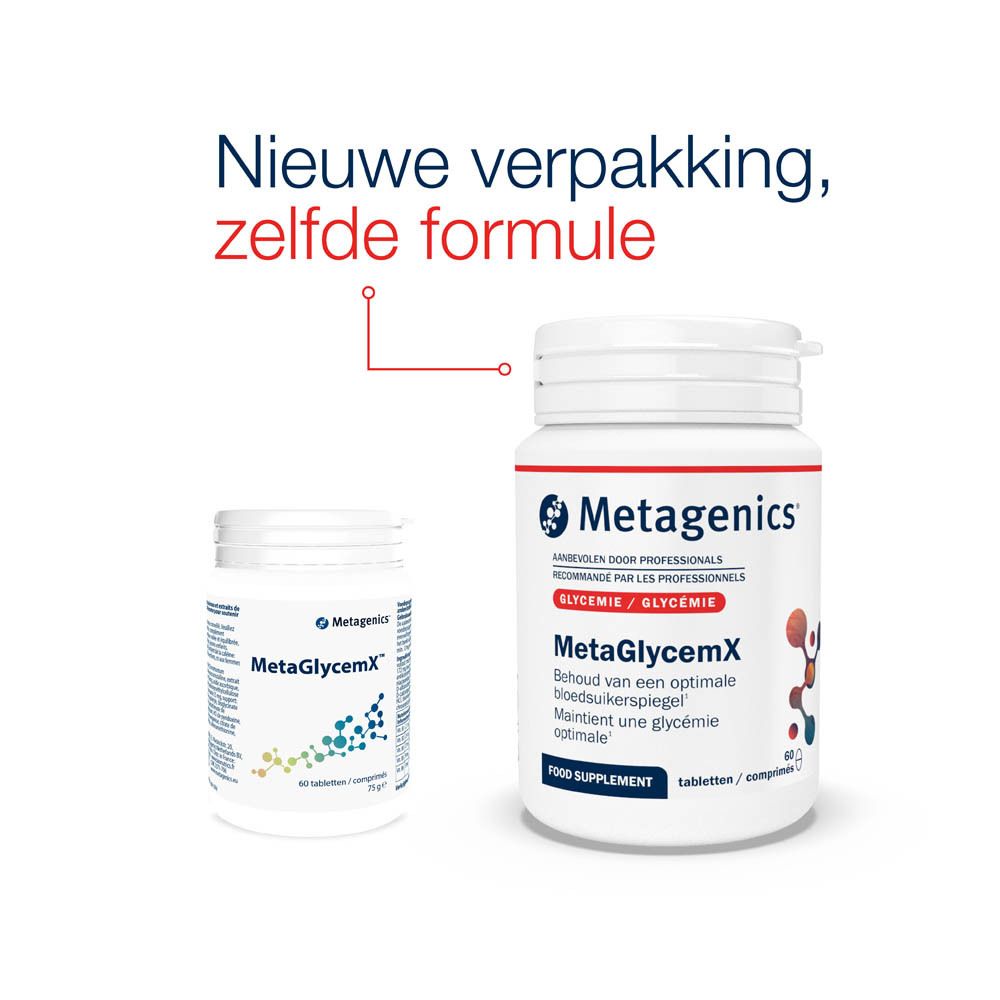 Vrouw met gesloten ogen. Bloemen op borst. Tekst: Science you can feel. Logo Metagenics.