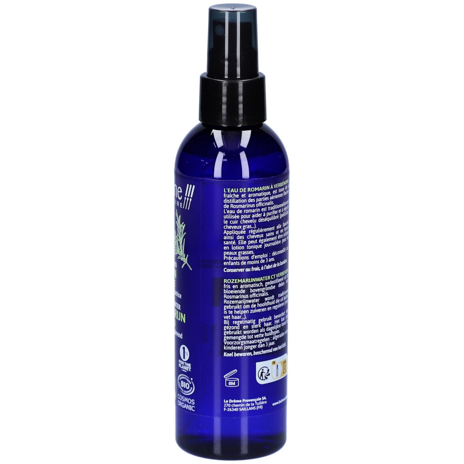 Achterkant van een blauwe fles. Tekst: Ingrediënten, lotnummer, houdbaarheidsdatum, QR-code, COSMOS ORGANIC-certificering.