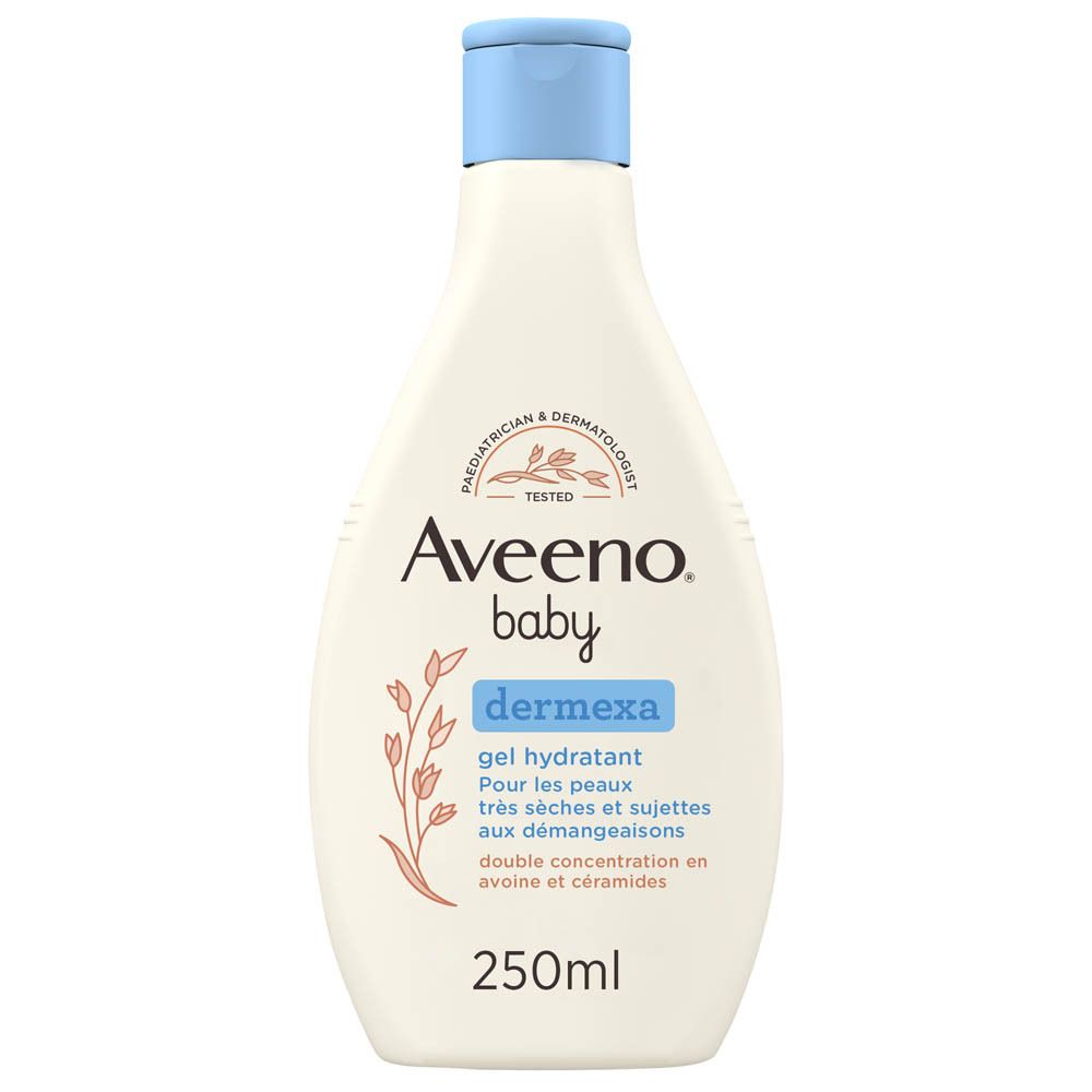 Gel hydratant Aveeno Baby Dermexa. Flacon blanc, bouchon bleu. 250ml.