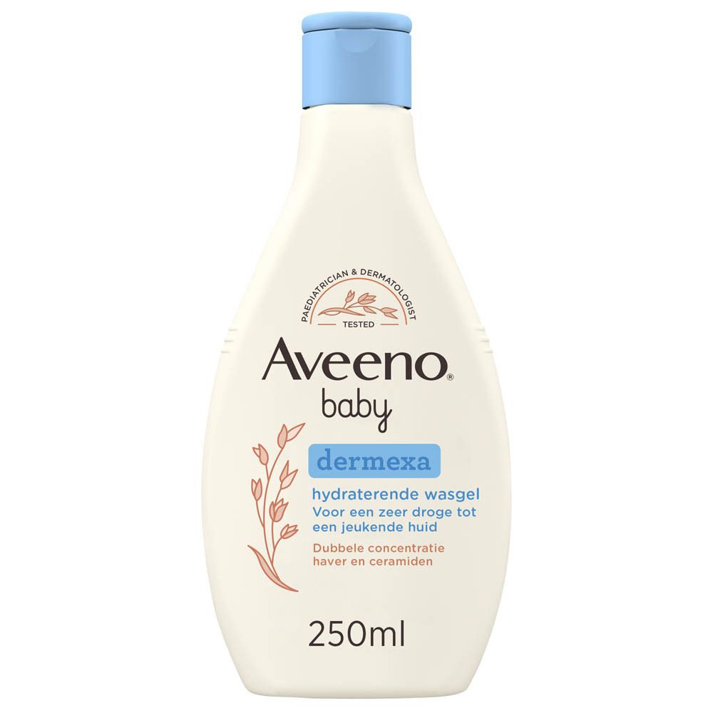 Aveeno Baby Dermexa hydraterende wasgel. Witte fles met blauwe dop. 250ml.