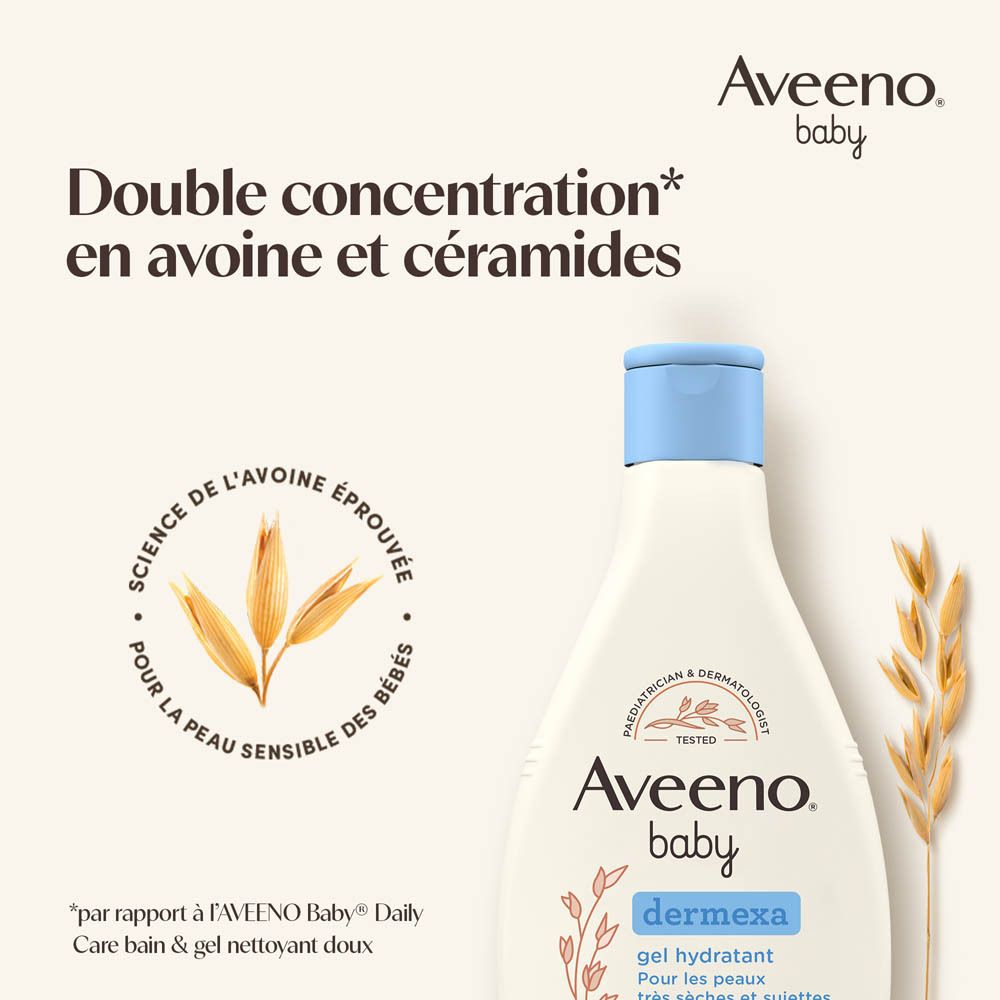 Gel hydratant Aveeno Baby Dermexa. Flacon avec texte. Texte: Double concentration en avoine et céramides.