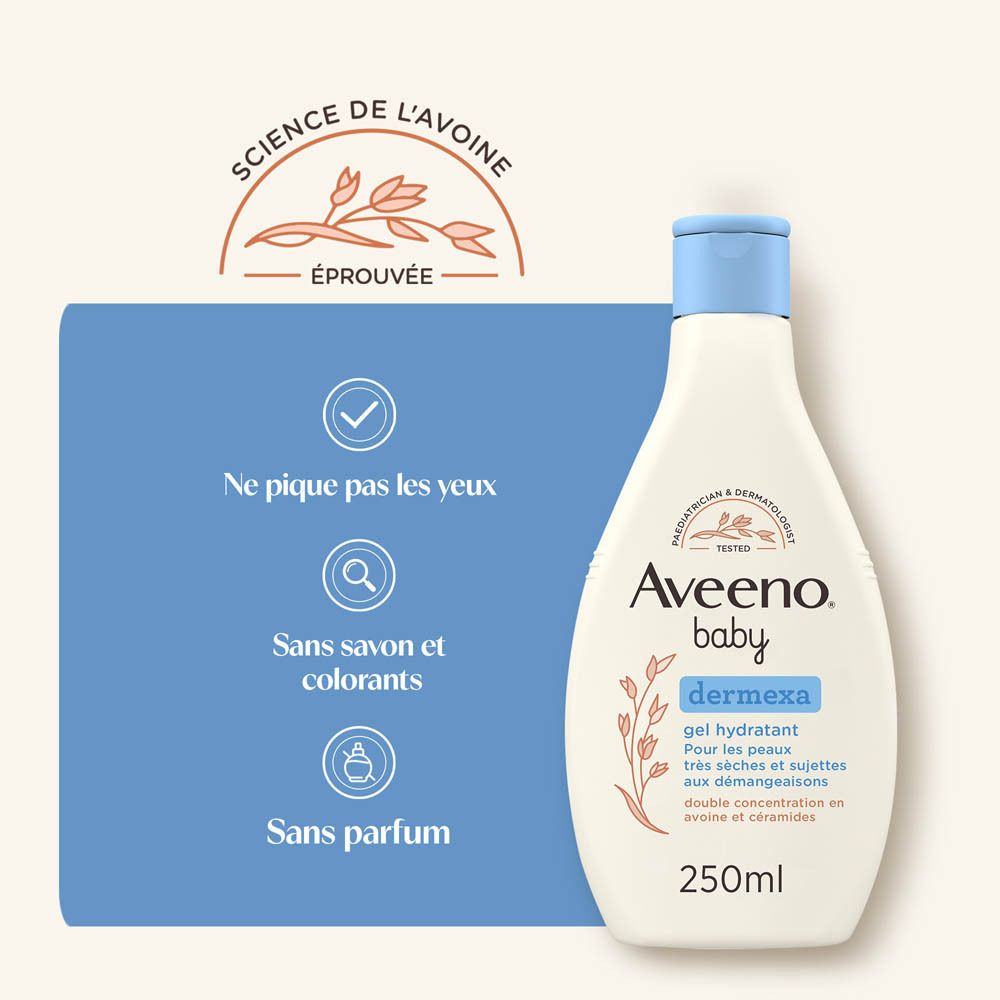 Gel hydratant Aveeno Baby Dermexa. Flacon avec texte. Texte: Ne pique pas les yeux, Sans savon et colorants, Sans parfum.