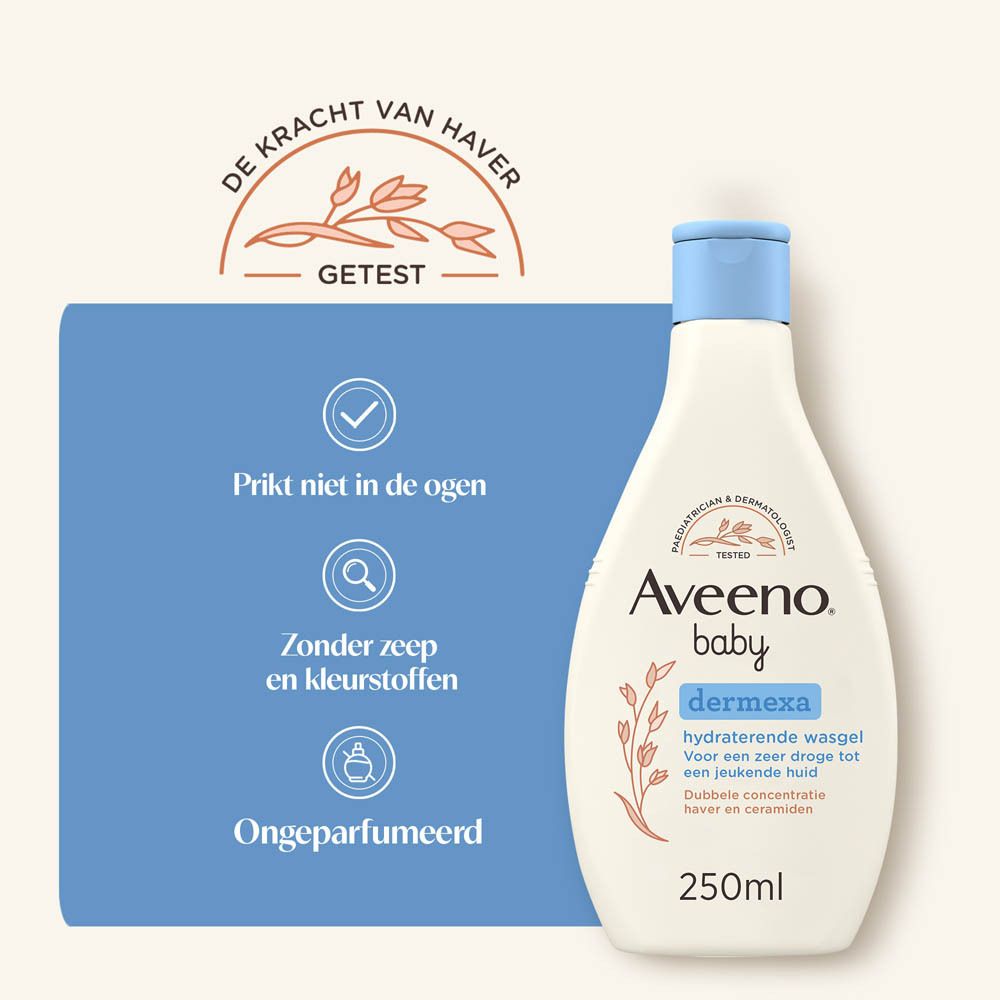 Aveeno Baby Dermexa hydraterende wasgel. Fles met tekst. Tekst: Prik niet in de ogen, Zonder zeep en kleurstoffen, Ongeparfumeerd.