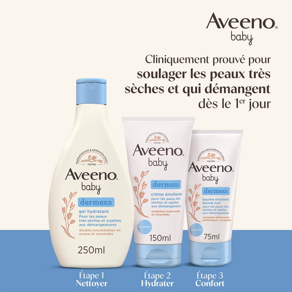 Produits Aveeno Baby Dermexa. Gel, crème et baume. Texte: Cliniquement prouvé pour soulager les peaux très sèches.