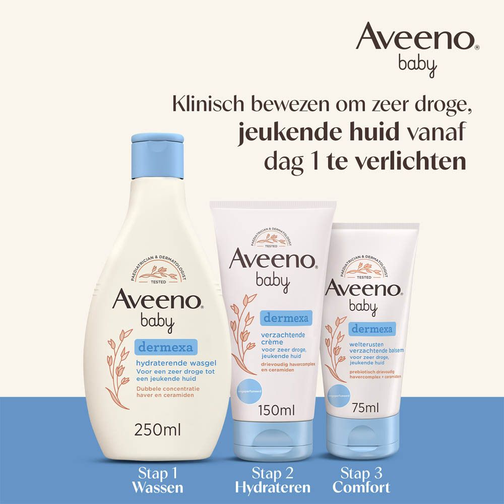 Aveeno Baby Dermexa producten. Gel, crème en balsem. Tekst: Klinisch bewezen om zeer droge, jeukende huid vanaf dag 1 te verlichten.