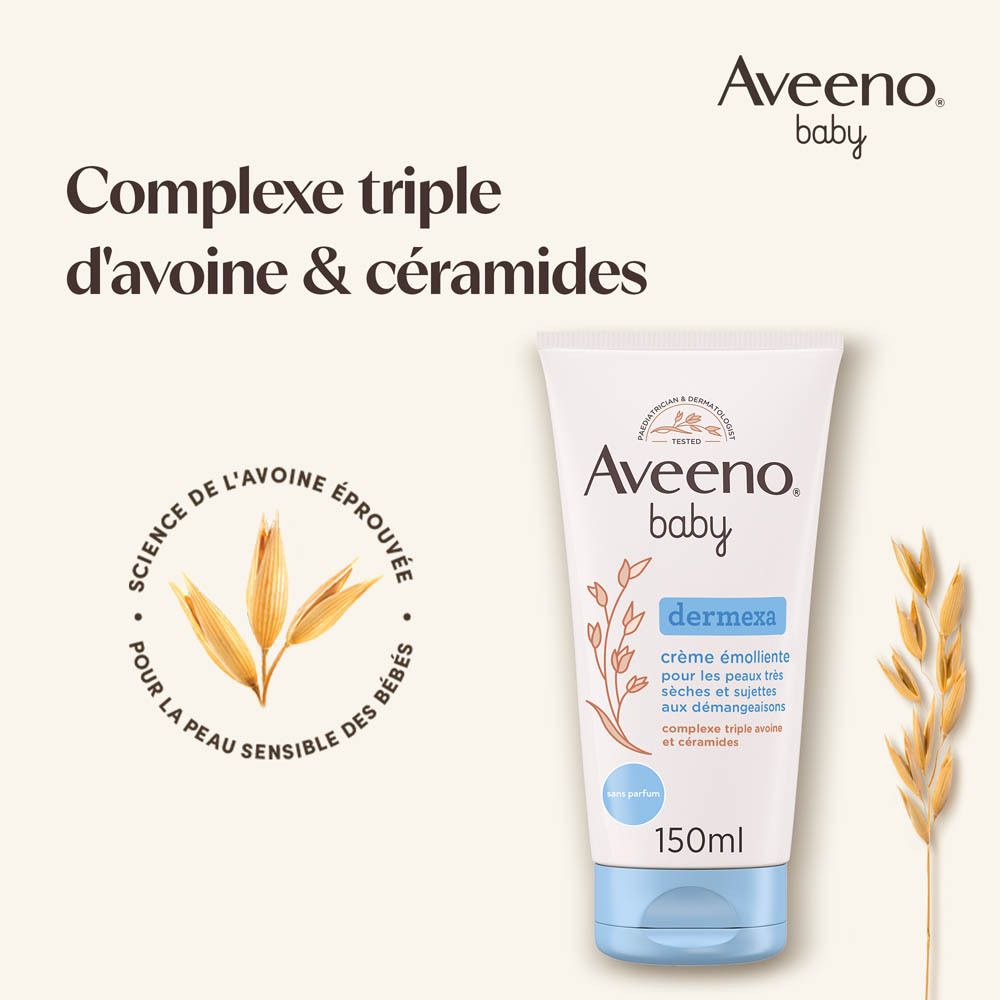 Tube Aveeno Baby Dermexa. Tube blanc, bouchon bleu. Texte: Dermexa, 150ml.