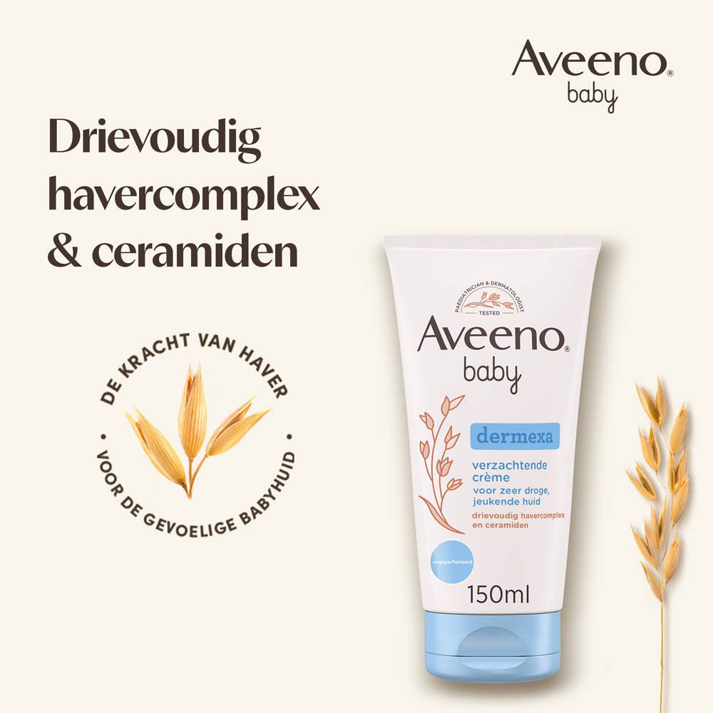 Aveeno Baby Dermexa crème, tube. Witte tube met blauwe dop. Tekst: Dermexa, 150ml.