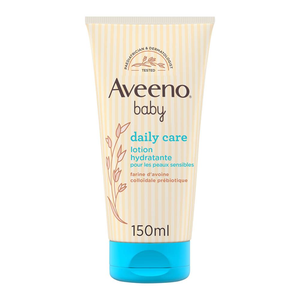 Tube de lotion Aveeno Baby Daily Care. Inscription: lotion hydratante. Contenance: 150ml. Couleur beige et bleu clair.