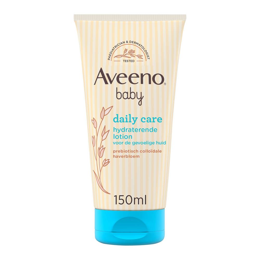 Tube Aveeno Baby crème. Opschrift: Hydraterende lotion voor de gevoelige huid. Inhoud: 150ml. Kleuren: beige en lichtblauw.