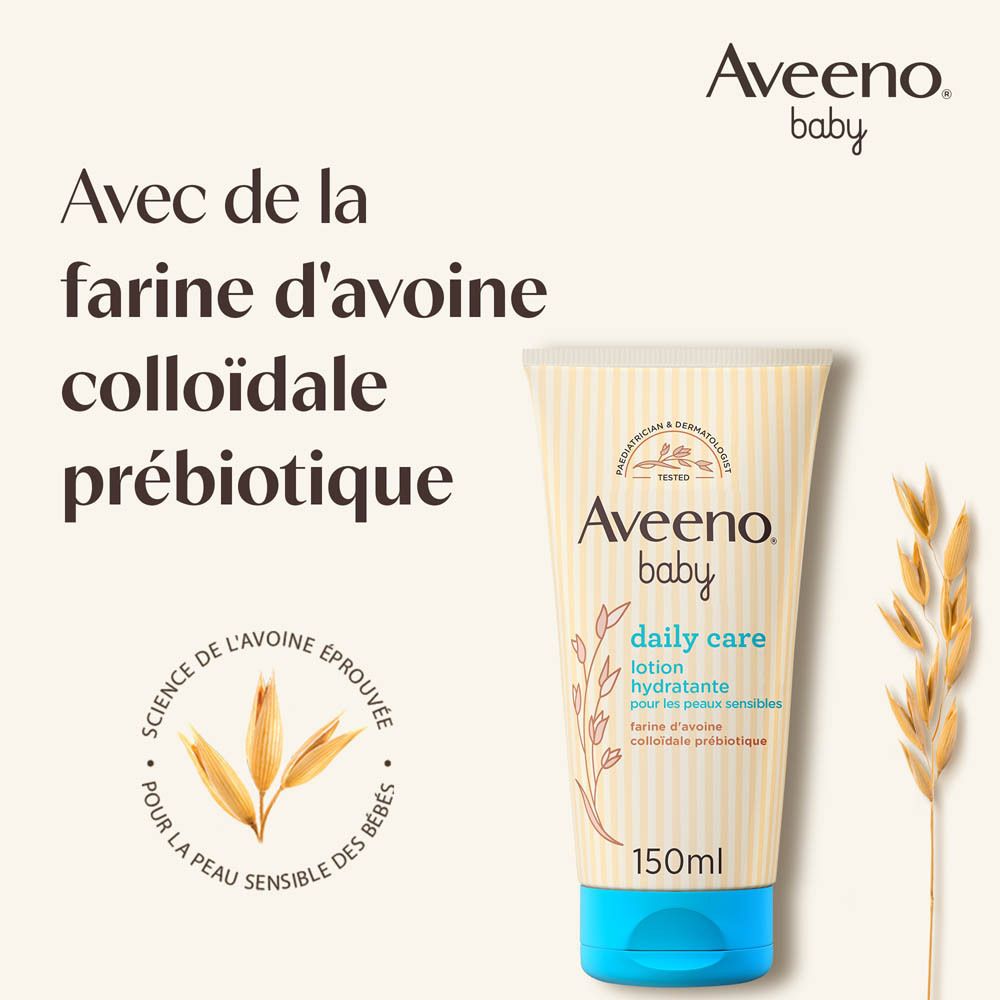 Tube Aveeno Baby Daily Care Lotion. Texte: Avec de la farine d'avoine colloïdale prébiotique. 150ml. Beige et bleu clair.