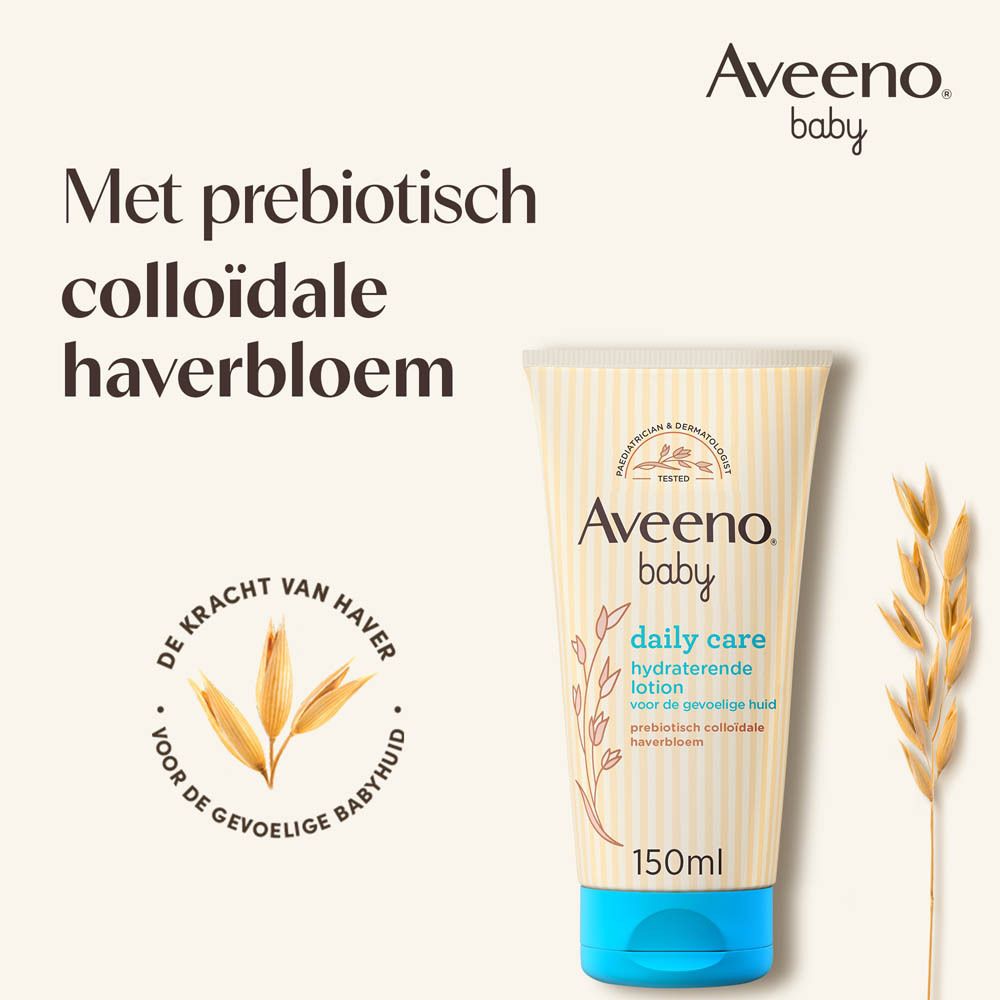 Aveeno Baby Daily Care Lotion. Tube met havermotief. Tekst: Met prebiotisch colloïdale haverbloem.