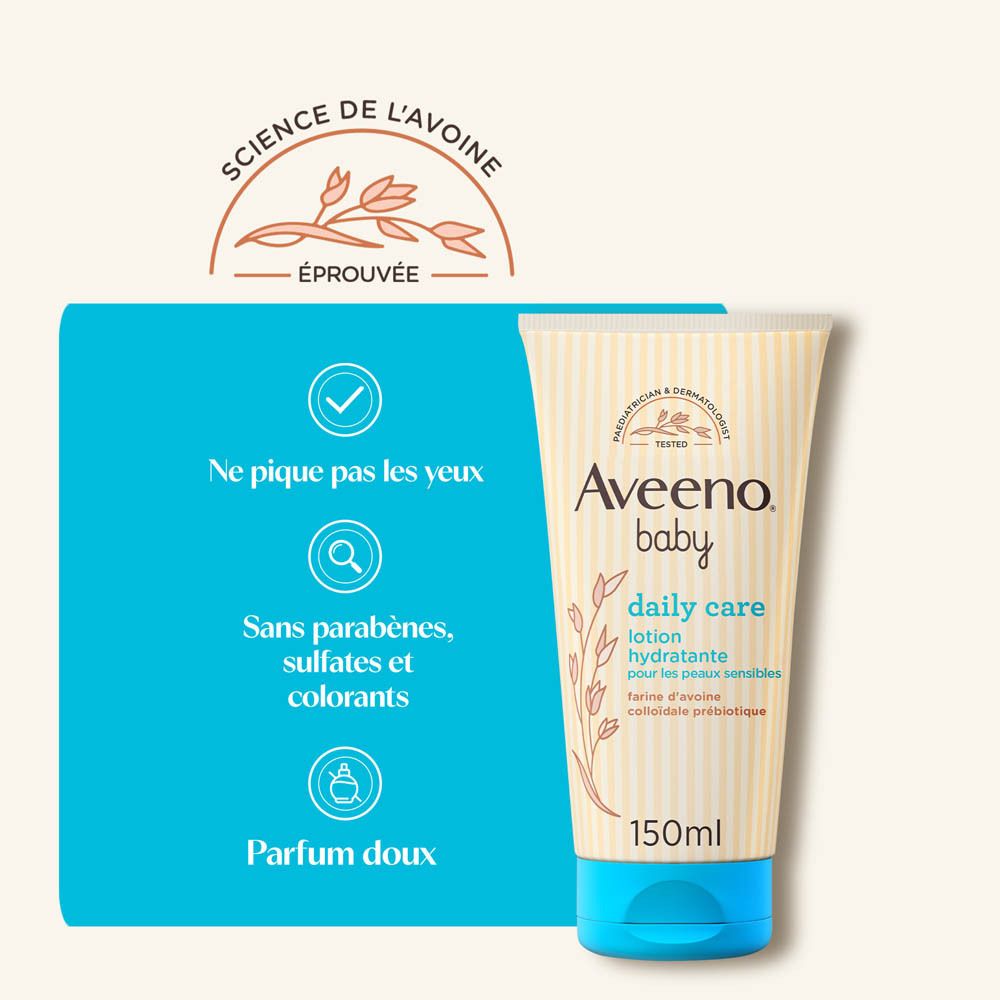 Tube Aveeno Baby Daily Care Lotion. Texte: Ne pique pas les yeux, Sans parabènes, sulfates et colorants, Parfum doux. 150ml.