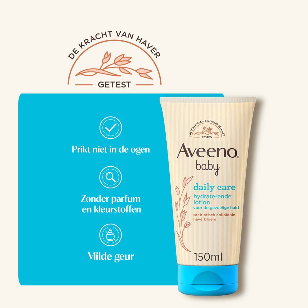 Aveeno Baby Daily Care Lotion. Tube op blauwe achtergrond. Tekst: Prikken niet in de ogen, zonder parfum.