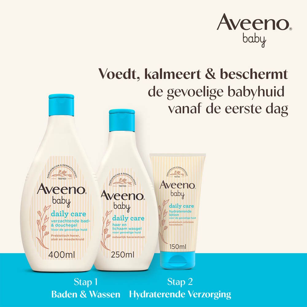 Drie Aveeno Baby producten. Tekst: Stap 1 Baden & Wassen, Stap 2 Hydraterende Verzorging.