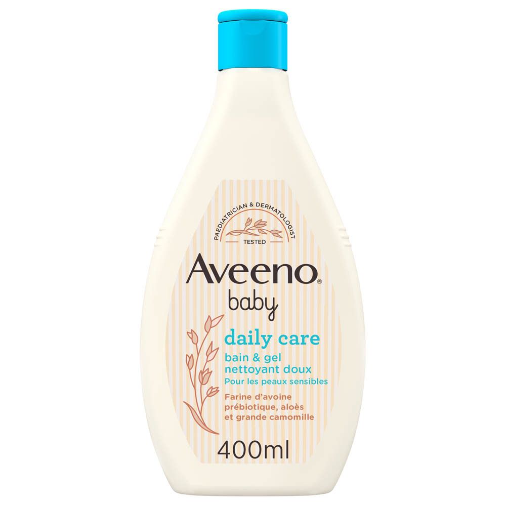 Flacon beige à bouchon bleu. Inscription: Aveeno Baby Daily Care. Bain & gel nettoyant doux. 400ml.