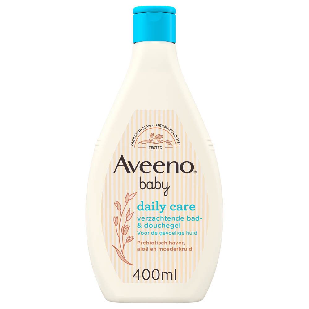 Beige fles met blauwe dop. Opschrift: Aveeno Baby Daily Care. Verzachtende bad- & douchegel. 400ml.