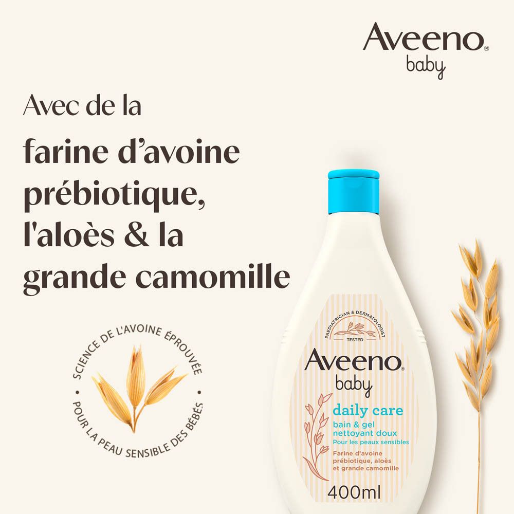 Flacon Aveeno Baby et épis de blé. Texte: Avec de la farine d'avoine prébiotique, l'aloès & la grande camomille.