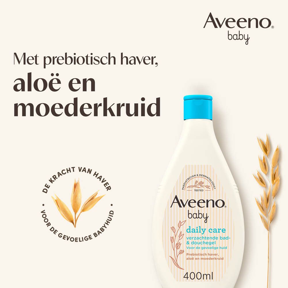 Aveeno Baby Daily Care fles en haveraren. Tekst: Met prebiotisch haver, aloë en moederkruid.