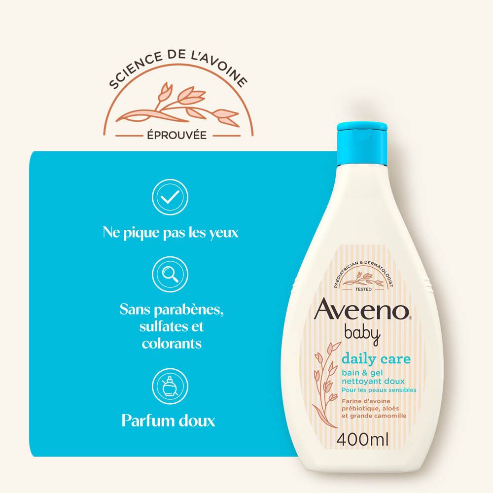 Flacon Aveeno Baby. Texte: Ne pique pas les yeux, sans parabènes, sulfates et colorants. Parfum doux.