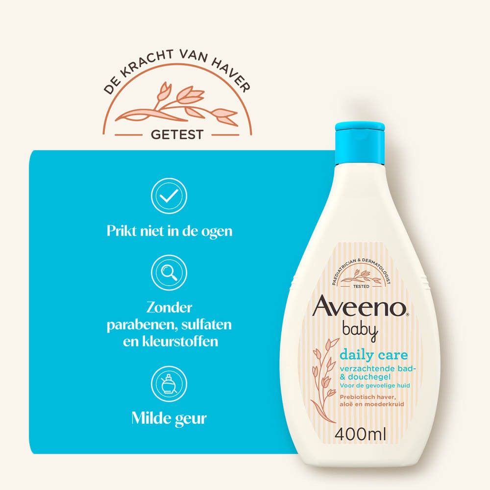 Aveeno Baby Daily Care fles. Tekst: Prikkelt niet in de ogen, Zonder parabenen, sulfaten en kleurstoffen, Milde geur.