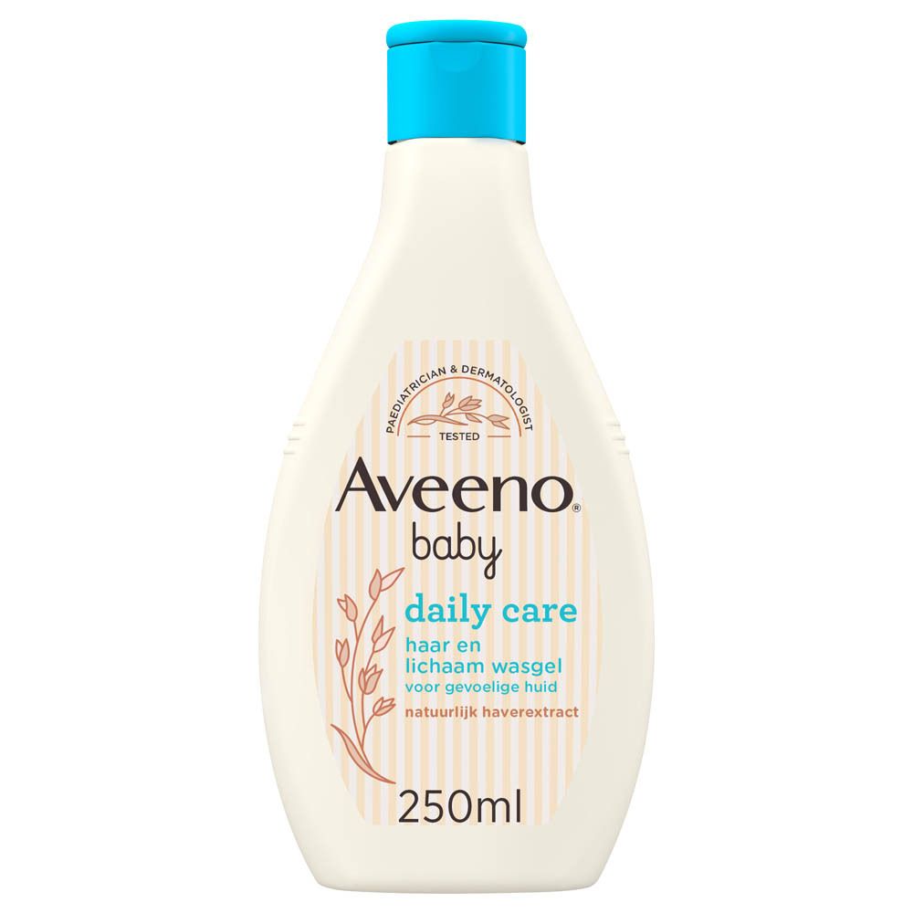 Fles Aveeno Baby Daily Care. Wit, blauwe dop. Opschrift: Haar en lichaam wasgel, natuurlijk haverextract. 250ml.