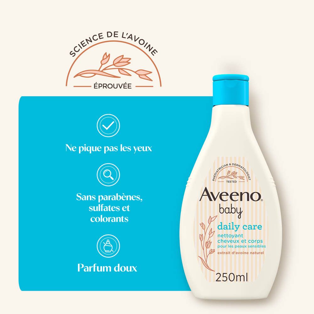 Flacon à bouchon bleu et icônes. Texte: Ne pique pas les yeux, Sans parabènes, sulfates et colorants, Parfum doux.