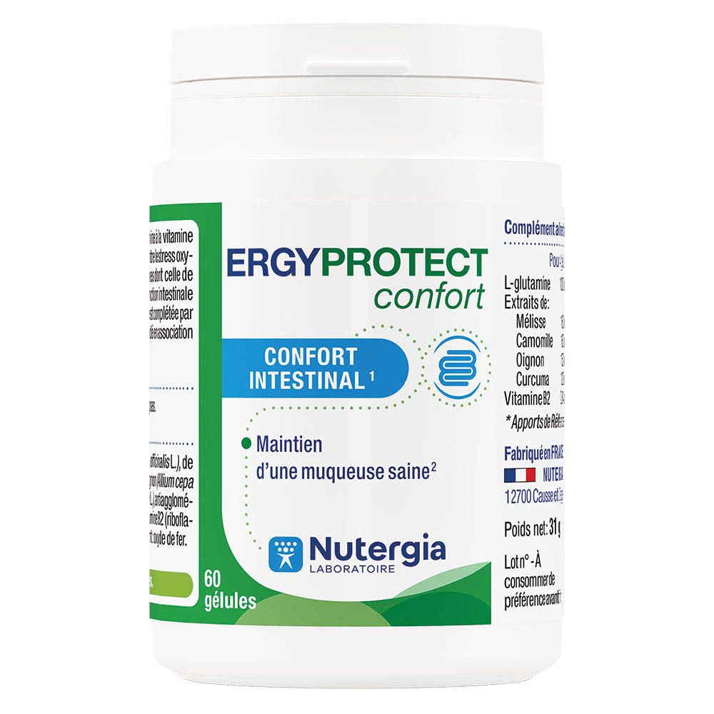 Witte pot met groen etiket. Opschrift: ERGYPROTECT confort, 60 capsules. Merk: Nutergia.
