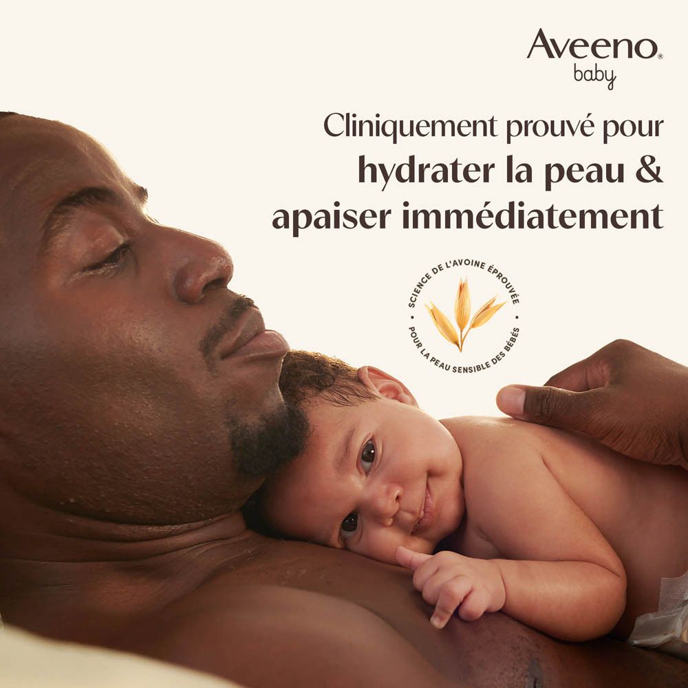 Homme et bébé. Texte : Cliniquement prouvé pour hydrater la peau & apaiser immédiatement.