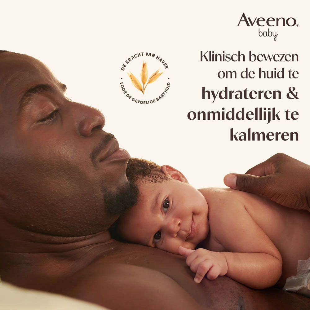 Man en baby. Tekst: Klinisch bewezen om de huid te hydrateren & onmiddellijk te kalmeren.