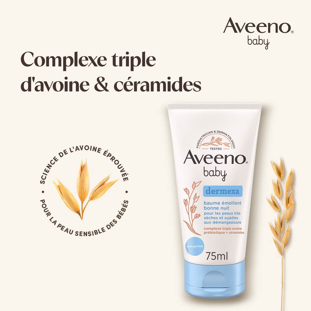 Tube Aveeno Baby Dermexa. Texte : Complexe triple d'avoine & céramides. 75ml.