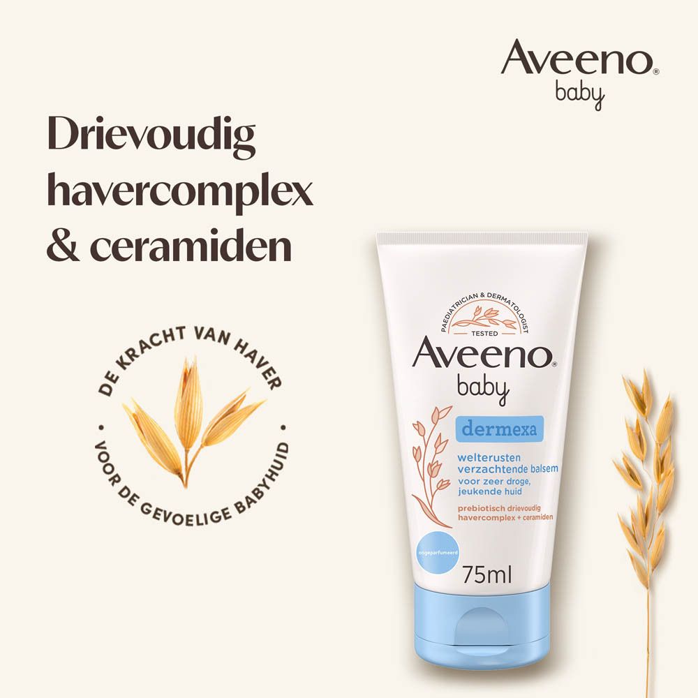Tube Aveeno Baby Dermexa. Tekst: Drievoudig havercomplex & ceramiden. 75ml.